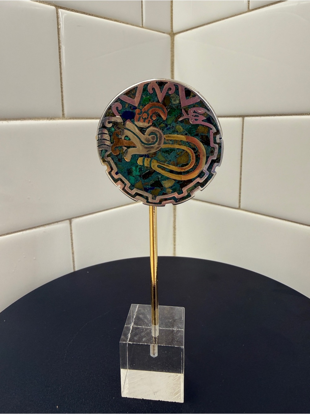 Vintage Taxco Sterling Silver Mixed Metal Quetzalcoatl Mosaic Inlay Brooch - Picture 11 of 11
